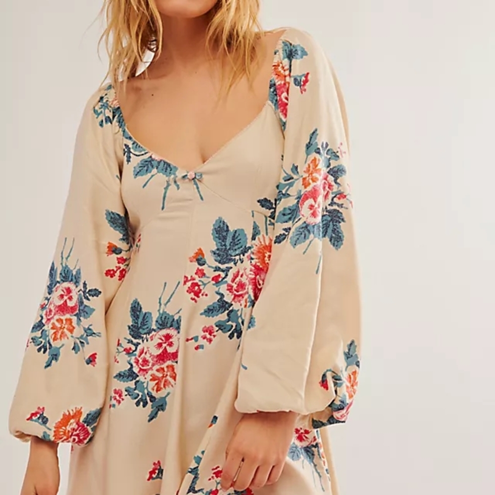 Free People Pink and Blue Floral Long Sleeve Mini Sundress